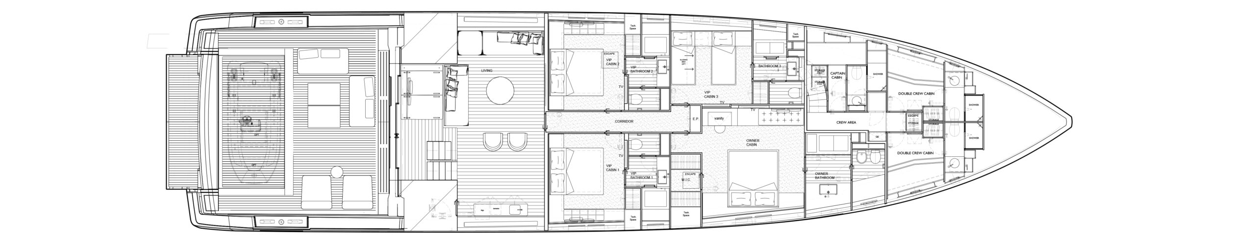 SP110 motor yacht lay out top view lower deck general arragement plans – Lengers Yachts