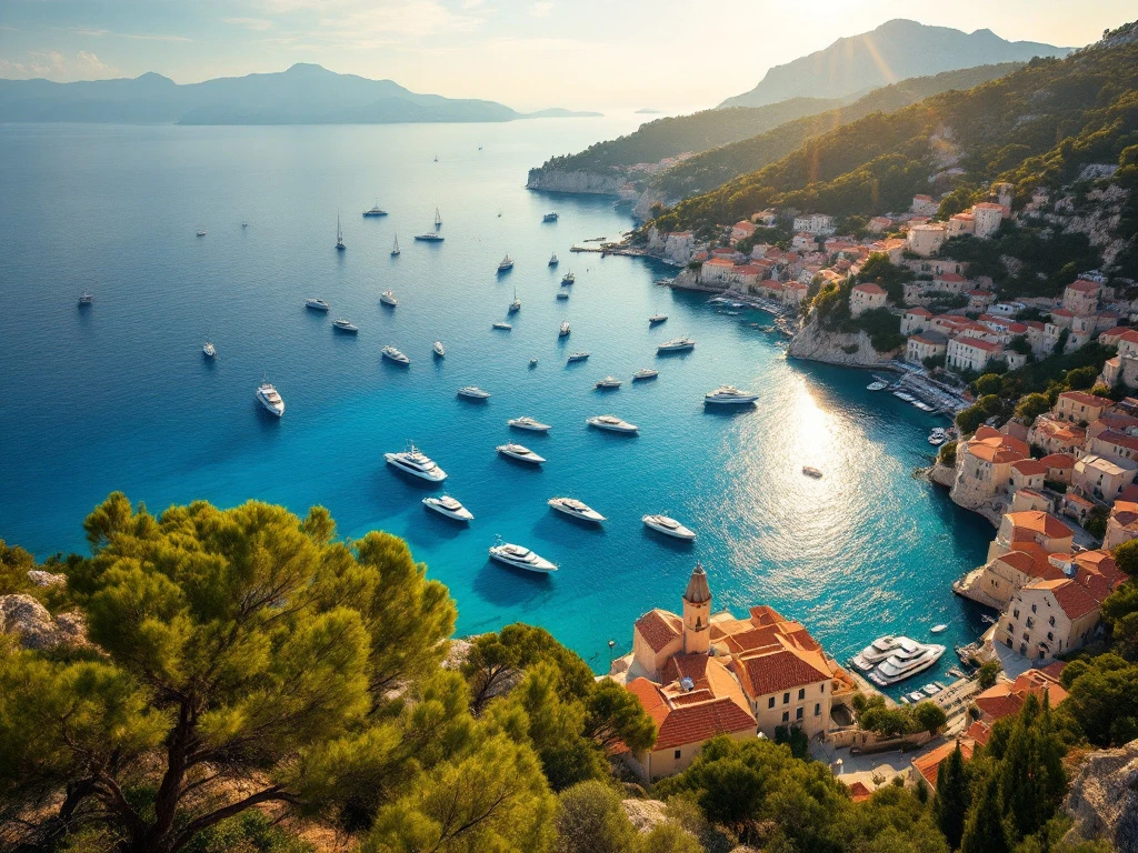 Aerial view of luxury yachts anchored in turquoise Adriatic waters near Croatian coastal town with terracotta rooftops