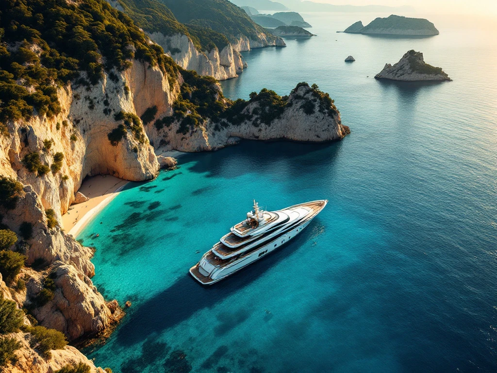 Luxury superyacht anchored in turquoise Mediterranean waters near limestone cliffs and sandy beaches at golden hour