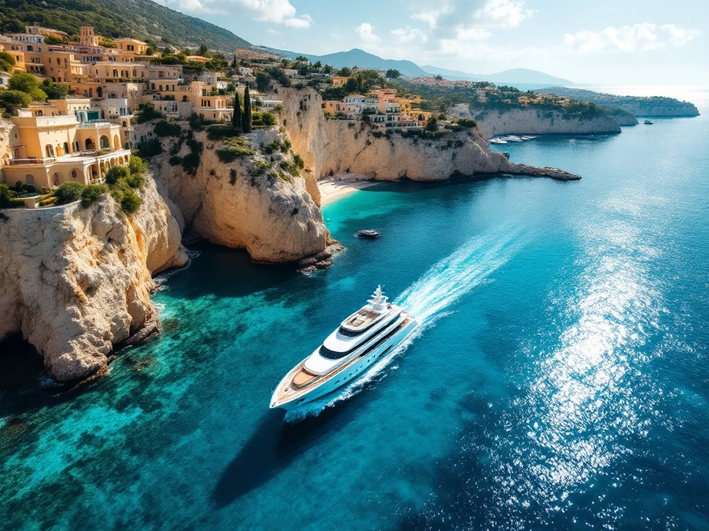 Luxury superyacht anchored in turquoise Mediterranean waters near marina with golden cliffs and elegant coastal villas