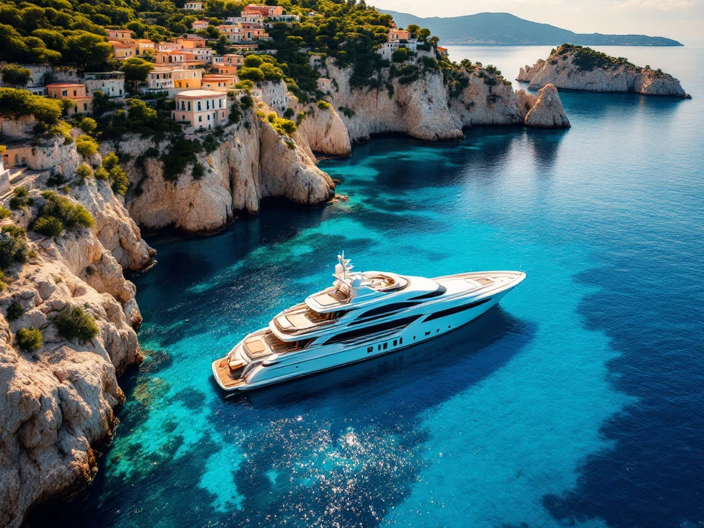 Luxury white superyacht anchored in turquoise Mediterranean bay surrounded by limestone cliffs and lush coastal vegetation
