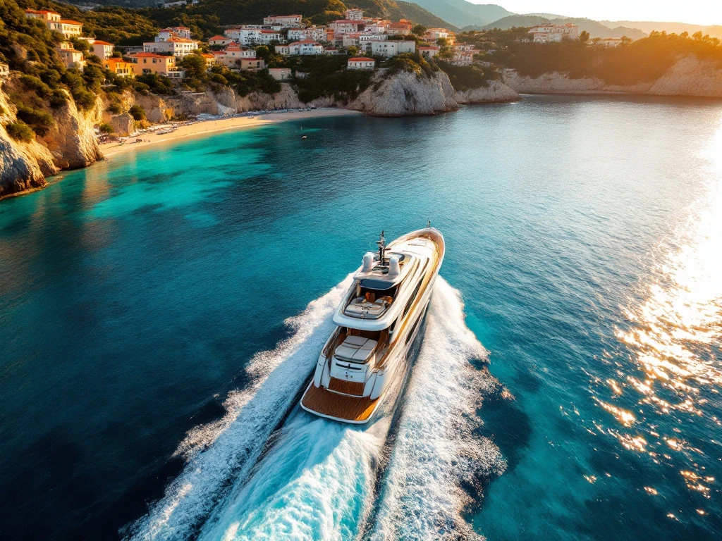 Luxury yacht cruising turquoise Mediterranean waters near French Riviera coastline with golden beaches and hillside towns