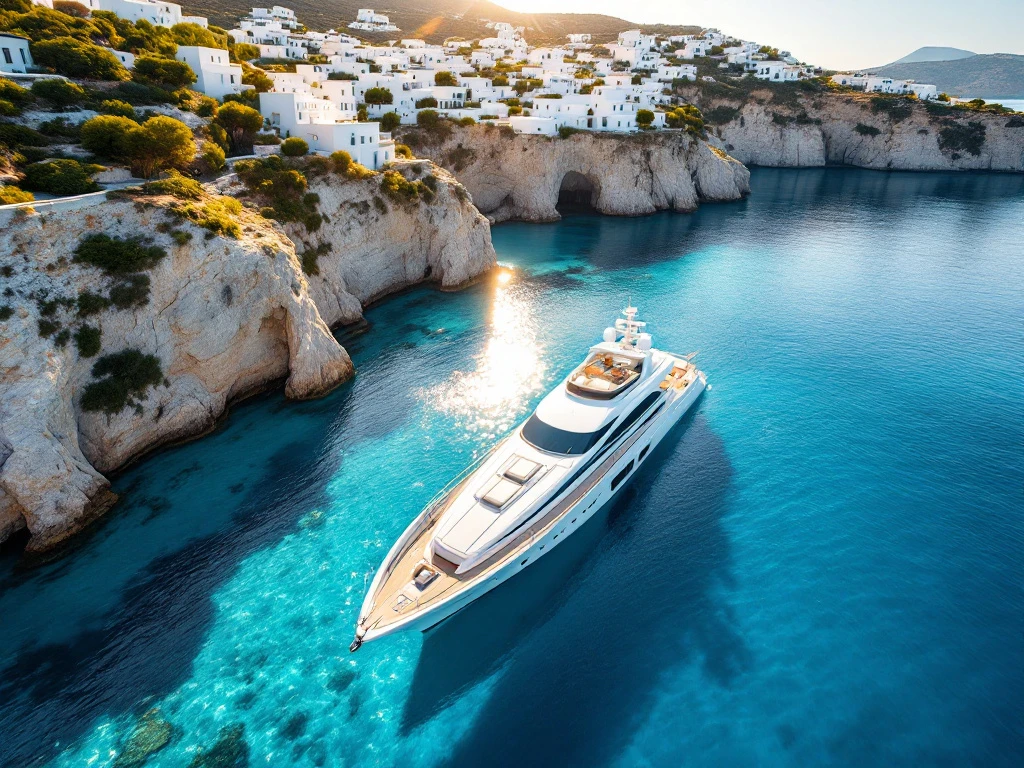 Luxury white yacht anchored in turquoise bay surrounded by dramatic Greek island cliffs and whitewashed hillside buildings