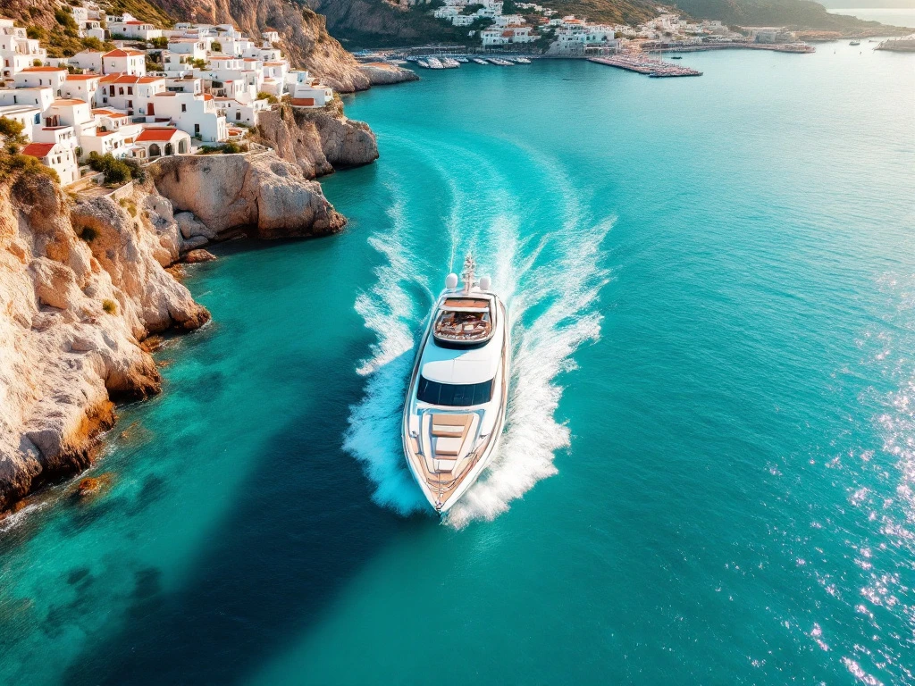 Luxury white superyacht cruising turquoise Mediterranean waters near Greek island coastline with whitewashed buildings