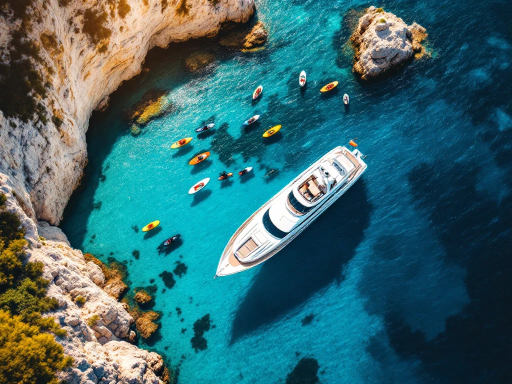Luxury white yacht anchored in turquoise Mediterranean bay with colorful water sports equipment and dramatic cliffs
