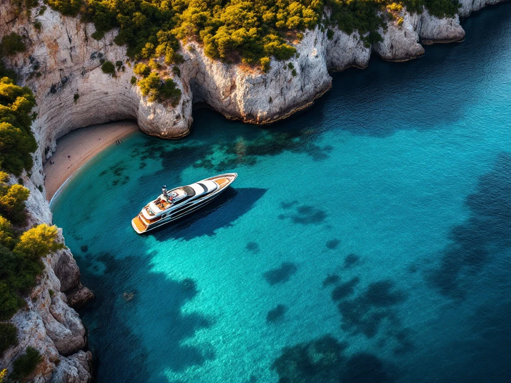 Luxury yacht anchored in secluded Mediterranean cove with turquoise waters, golden beach, and limestone cliffs
