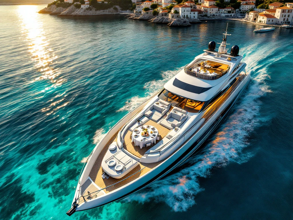 Luxury yacht with elegant outdoor dining setup anchored in turquoise Mediterranean waters near coastal town at golden hour