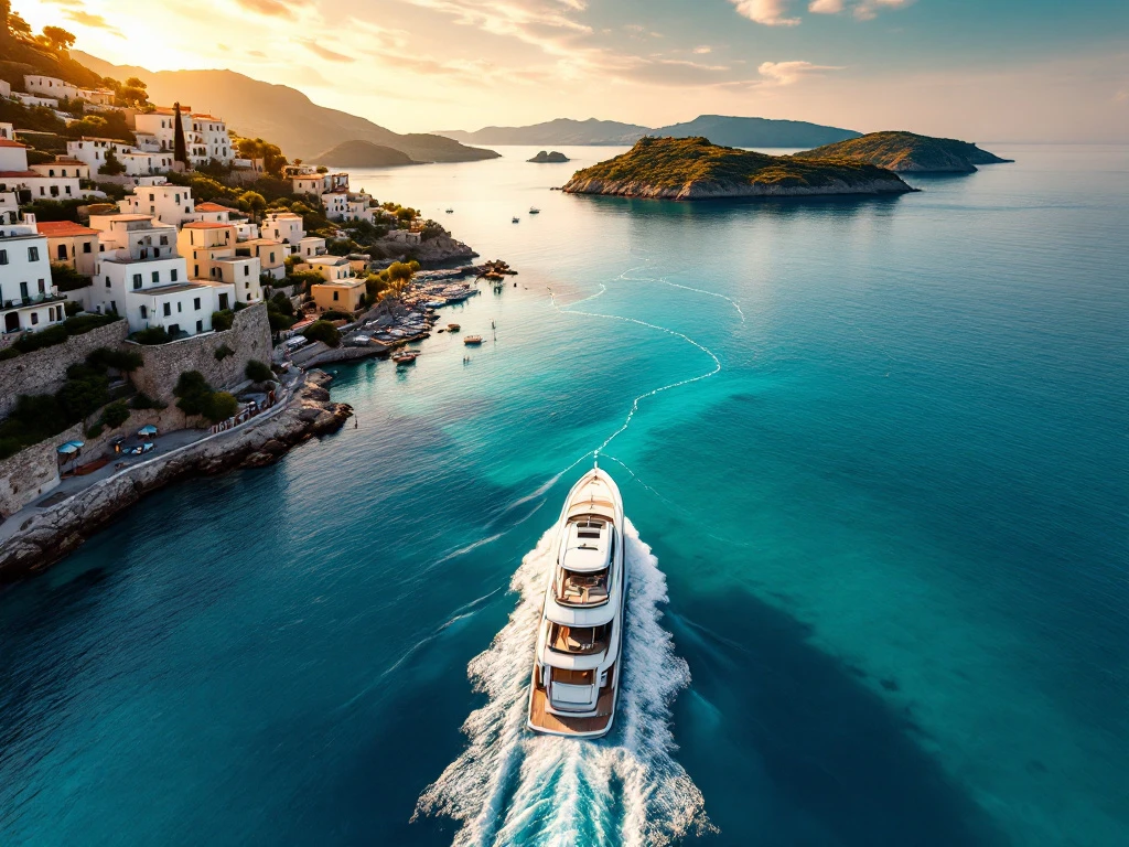 Luxury yacht sailing through turquoise Mediterranean waters toward Greek island village with whitewashed buildings