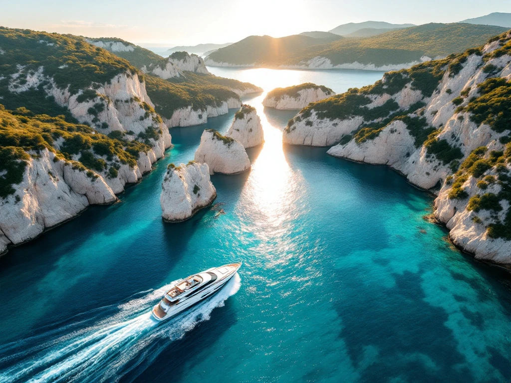Luxury yacht sailing through turquoise Mediterranean waters near Greek island with limestone cliffs and hidden coves
