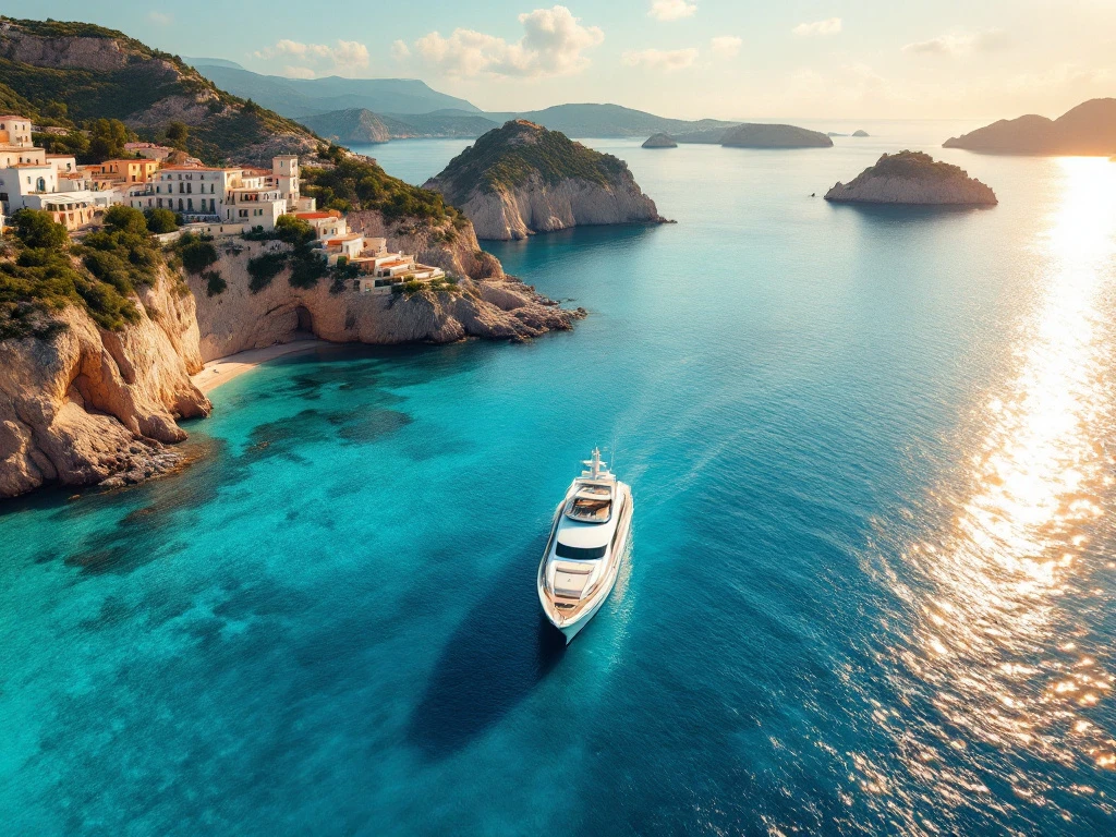 White superyacht anchored in turquoise Mediterranean waters near coastal cliffs with scenic islands on horizon