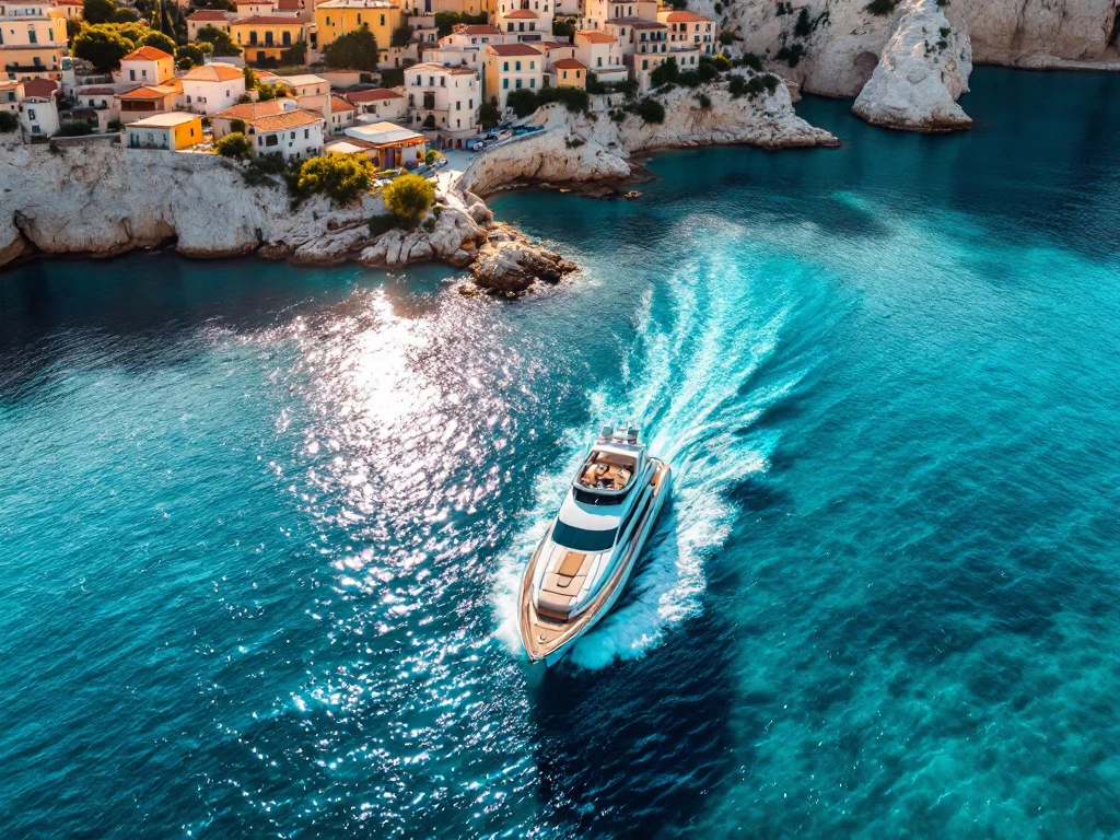 White luxury yacht sailing through turquoise Mediterranean waters with coastal villages and golden beaches visible from above