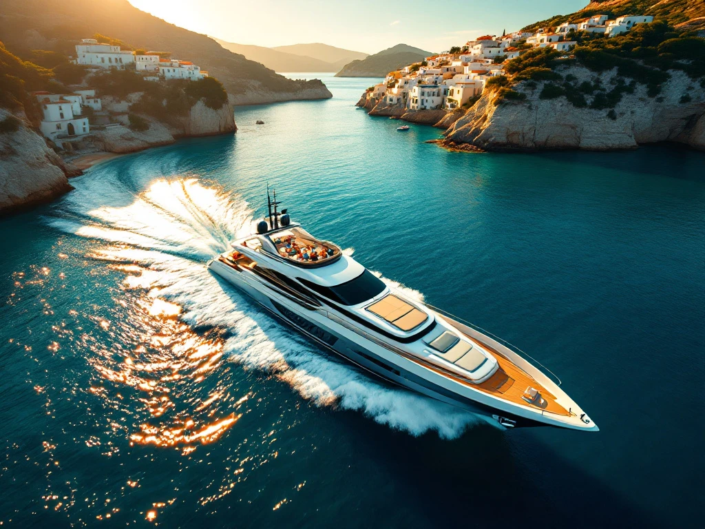 Luxury yacht sailing through turquoise Mediterranean waters near golden beaches and whitewashed coastal villages