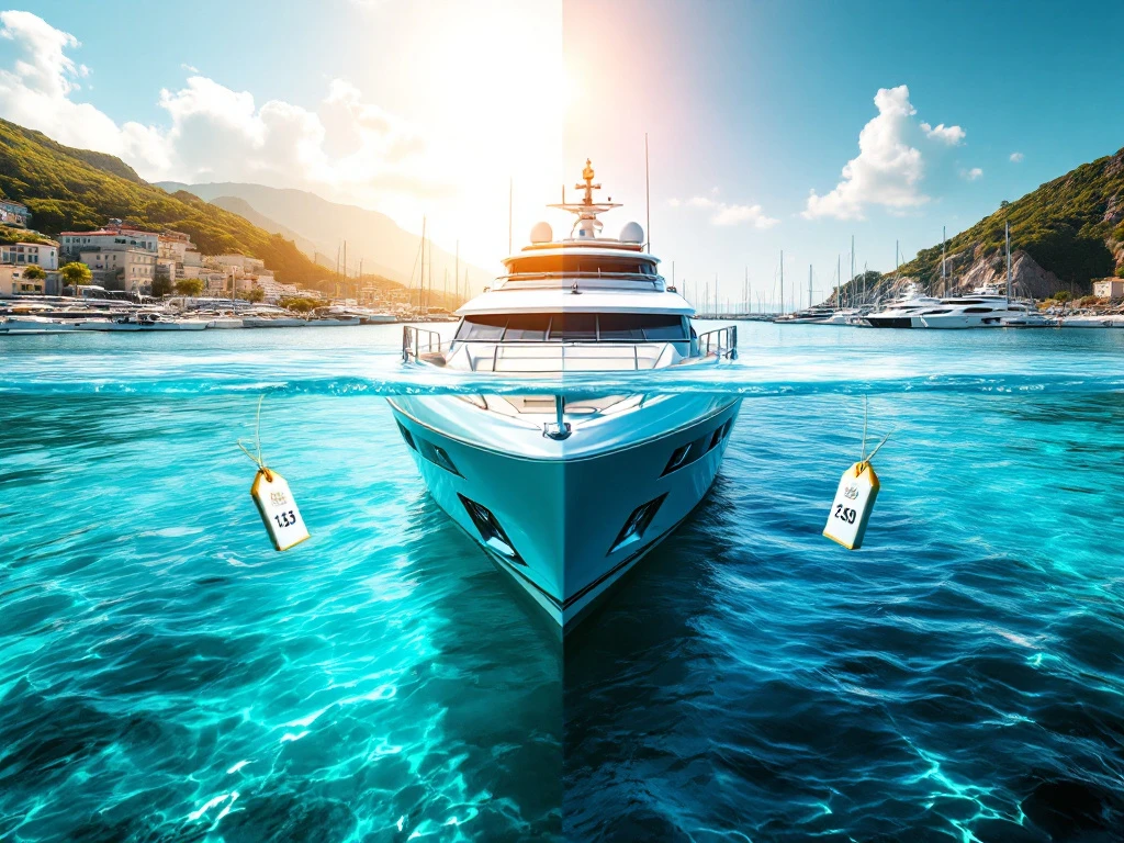 Luxury yacht in turquoise waters with split-screen showing summer crowds versus quiet off-season, floating price tags below