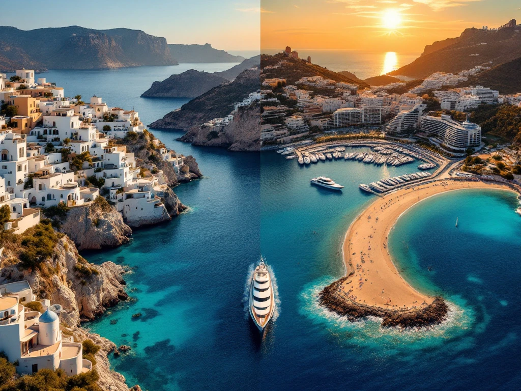 Split-screen aerial view of Mediterranean yachting destinations: Greek islands with luxury yacht on left, French Riviera marinas on right