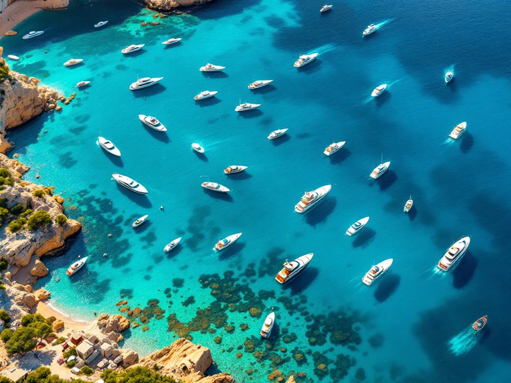 Aerial view of luxury yachts in turquoise Mediterranean waters near French Riviera, Greek islands, and Italian cliffs