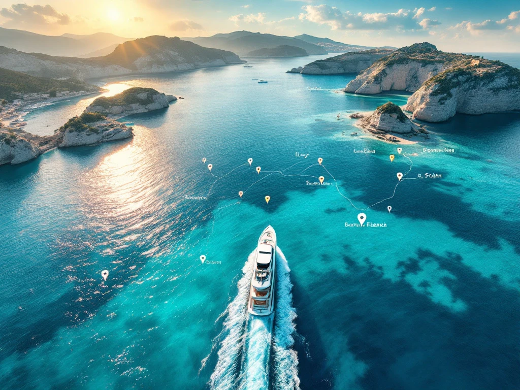 Luxury yacht sailing through turquoise Mediterranean waters with nautical chart overlay showing route to Greek islands and coastlines