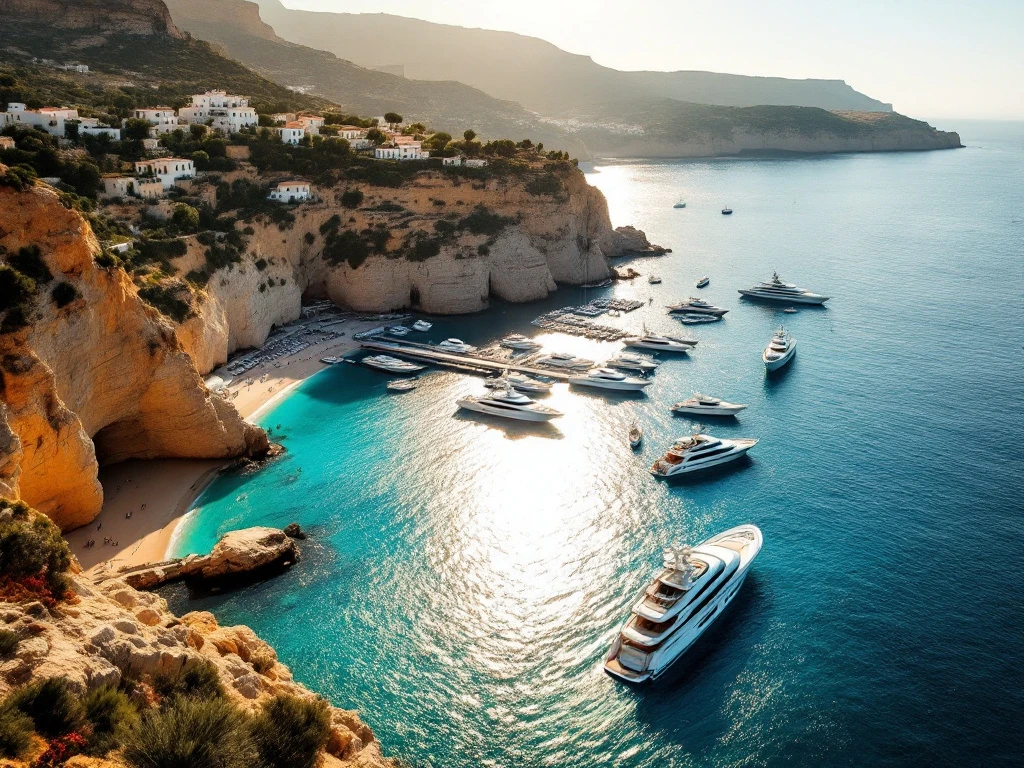 Luxury yachts anchored in turquoise Mediterranean coves along Spanish coastline with limestone cliffs and whitewashed villages