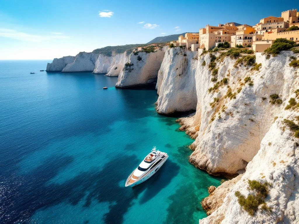 Luxury yacht anchored below Bonifacio's white limestone cliffs and medieval citadel in turquoise Mediterranean waters