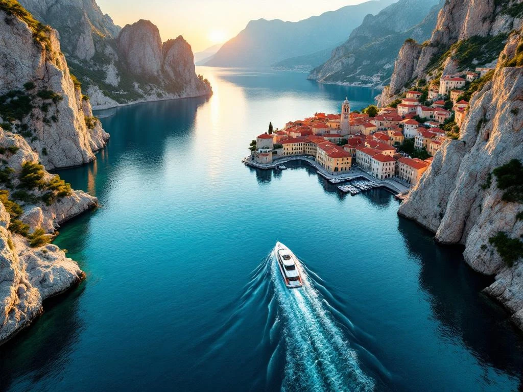 Aerial view of Kotor Bay with luxury yacht in turquoise waters surrounded by limestone cliffs and medieval architecture
