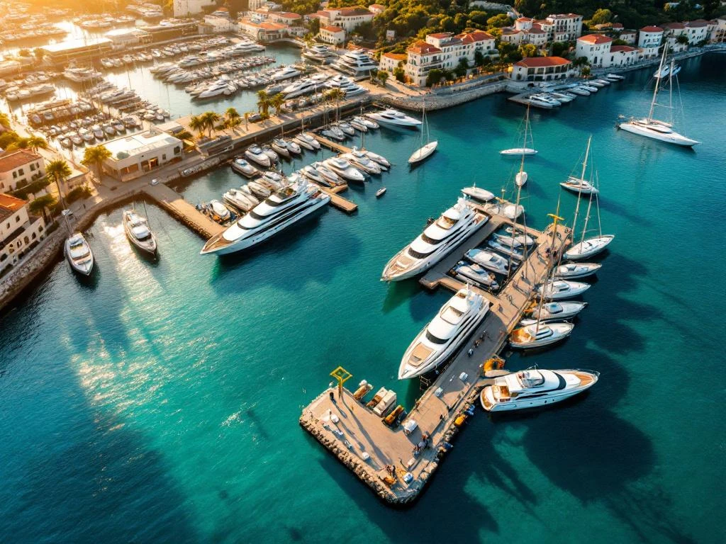 Aerial view of luxury Mediterranean marina at golden hour with white superyachts, turquoise waters, and modern facilities