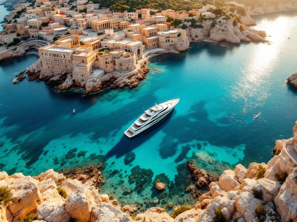 White luxury yacht anchored in turquoise waters near Syracuse's historic Ortygia island, Sicily, with ancient limestone ruins