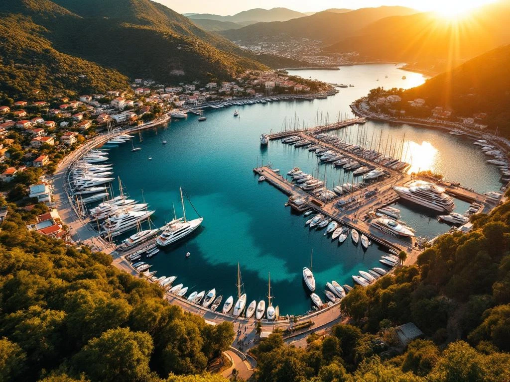 Aerial view of Marmaris harbor at sunset with luxury yachts anchored in turquoise waters and Mediterranean coastline