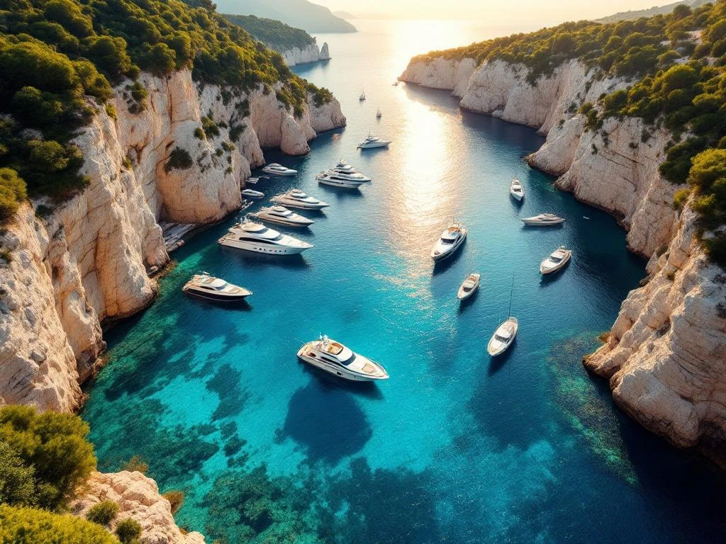 Aerial view of Mediterranean harbor with luxury yachts anchored in turquoise waters surrounded by limestone cliffs at sunset