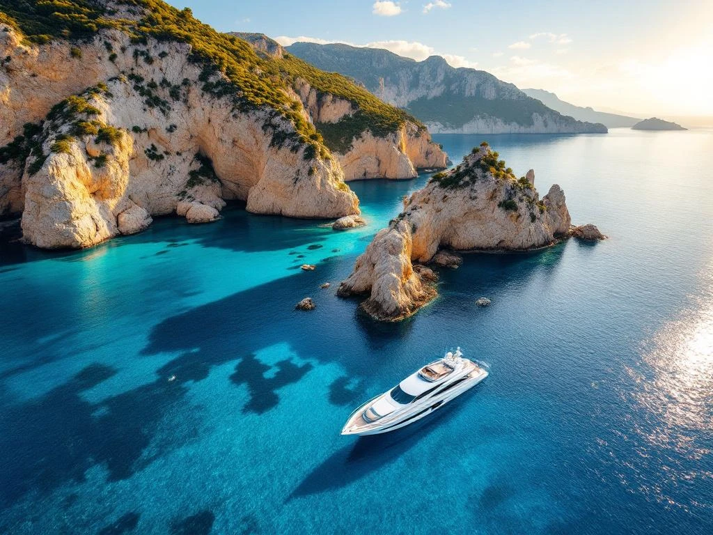 Luxury white yacht anchored in turquoise bay along Sardinia's golden limestone cliffs during golden hour aerial view