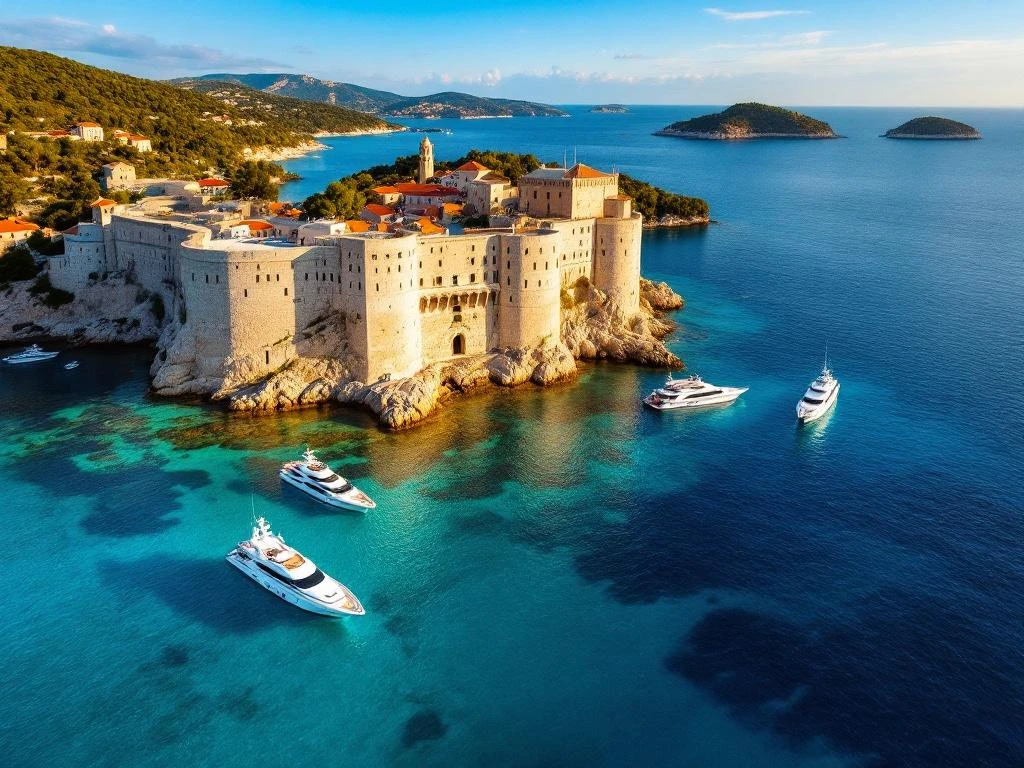 Aerial view of Šibenik's historic stone fortress with luxury yachts anchored in turquoise Adriatic waters at sunset, Croatia