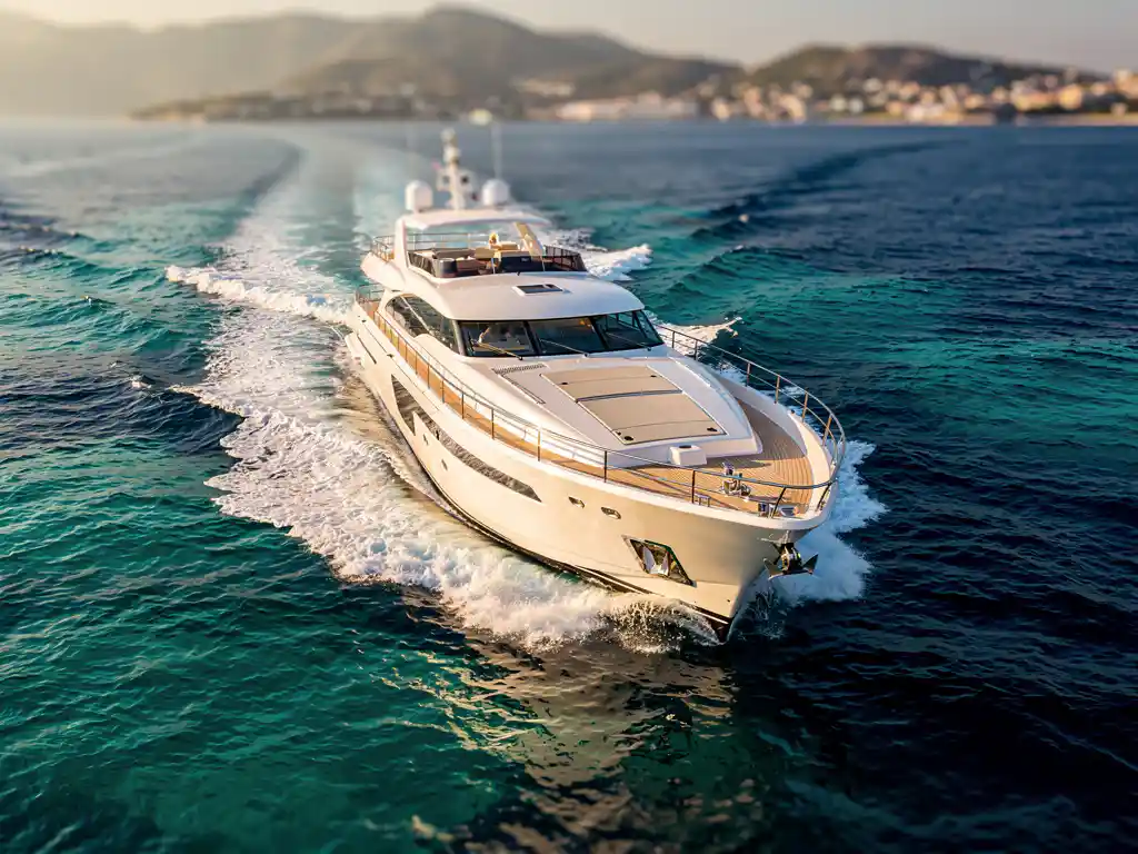 White luxury yacht with angular design cruising through turquoise Mediterranean waters, creating V-shaped wake in golden hour light