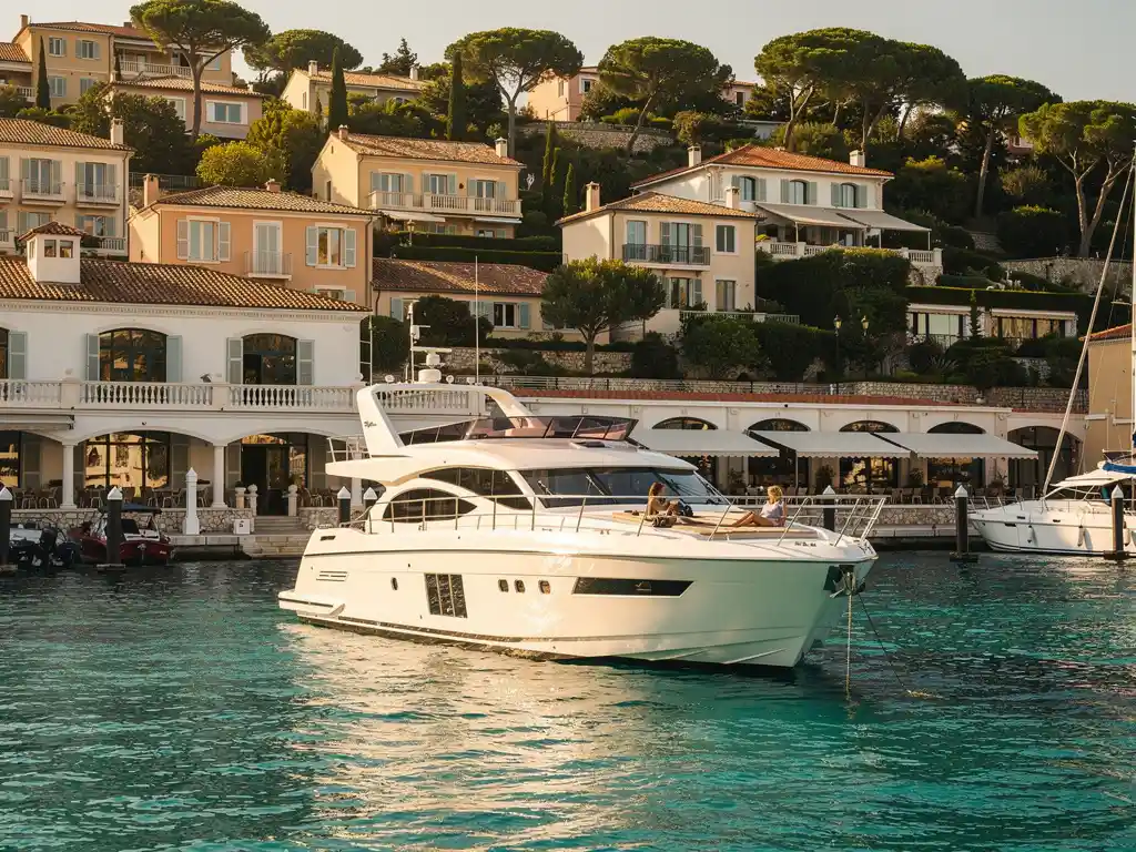 White Prestige luxury yacht anchored in turquoise waters of French Riviera harbor with Mediterranean villas on hillside