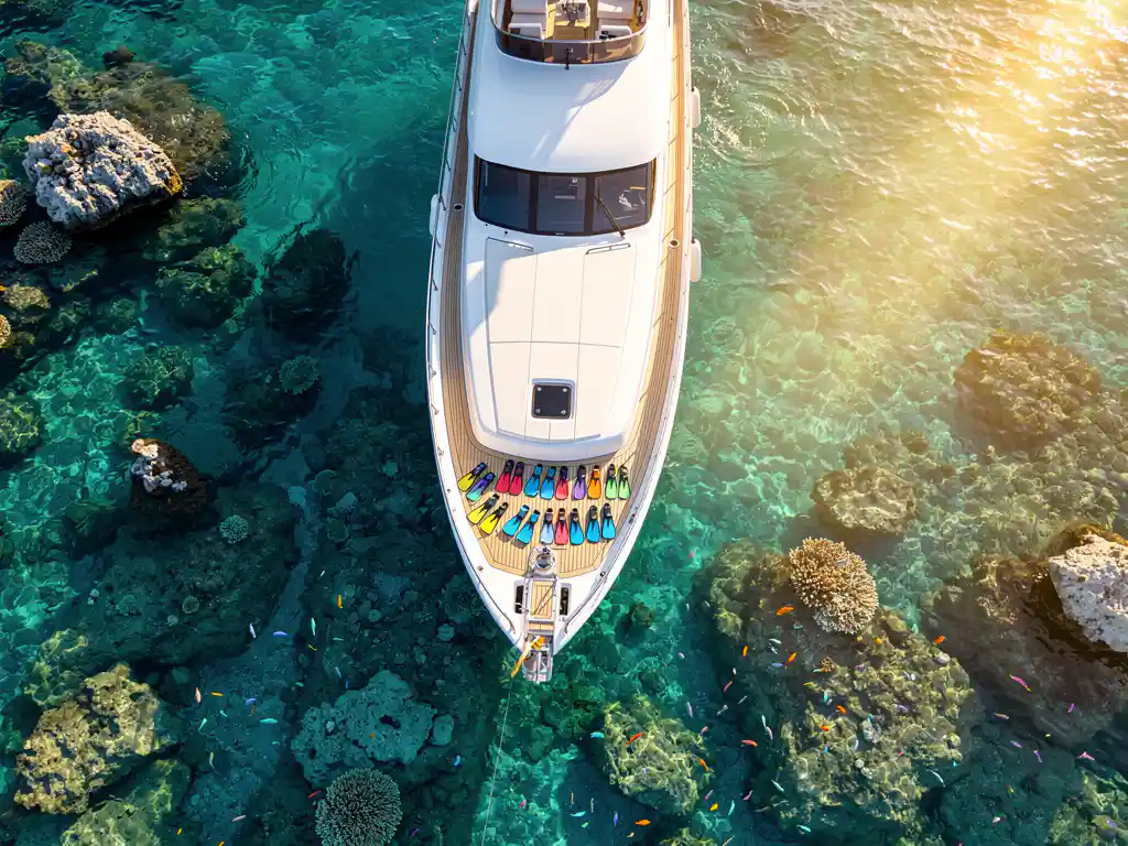 White luxury yacht anchored over vibrant coral reef in crystal-clear turquoise Mediterranean waters with snorkeling gear on teak deck